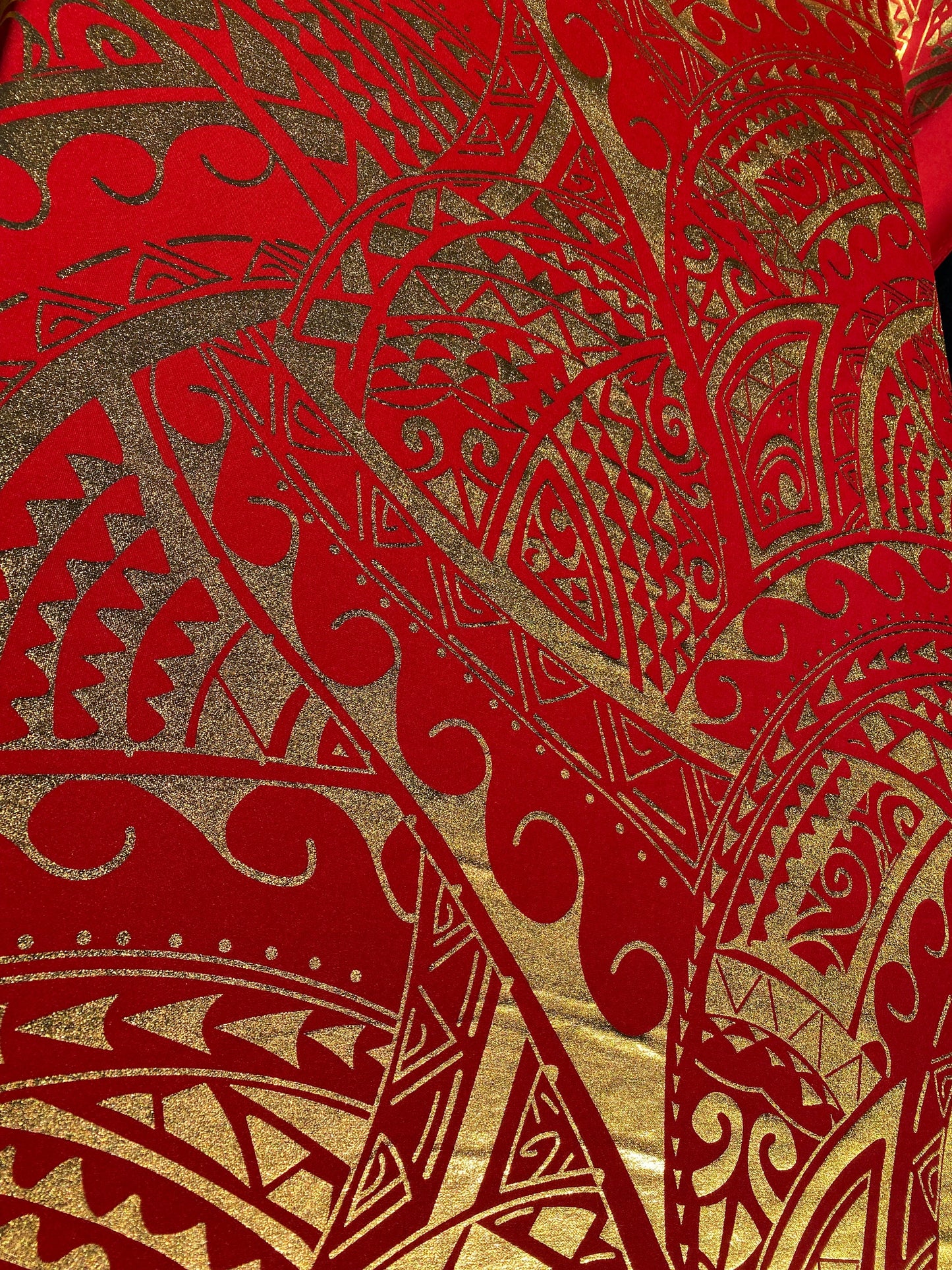 GTEX Collection- Exquisite Traditional Polynesian Tattoo Design | Foil Fabric - Stretch Scuba Fabric - 63" Luxury -Quality (Red & Gold) | Gtex Fabrics