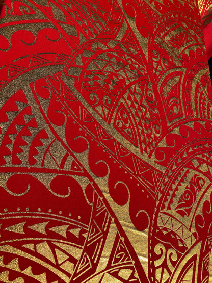 GTEX Collection- Exquisite Traditional Polynesian Tattoo Design | Foil Fabric - Stretch Scuba Fabric - 63" Luxury -Quality (Red & Gold) | Gtex Fabrics