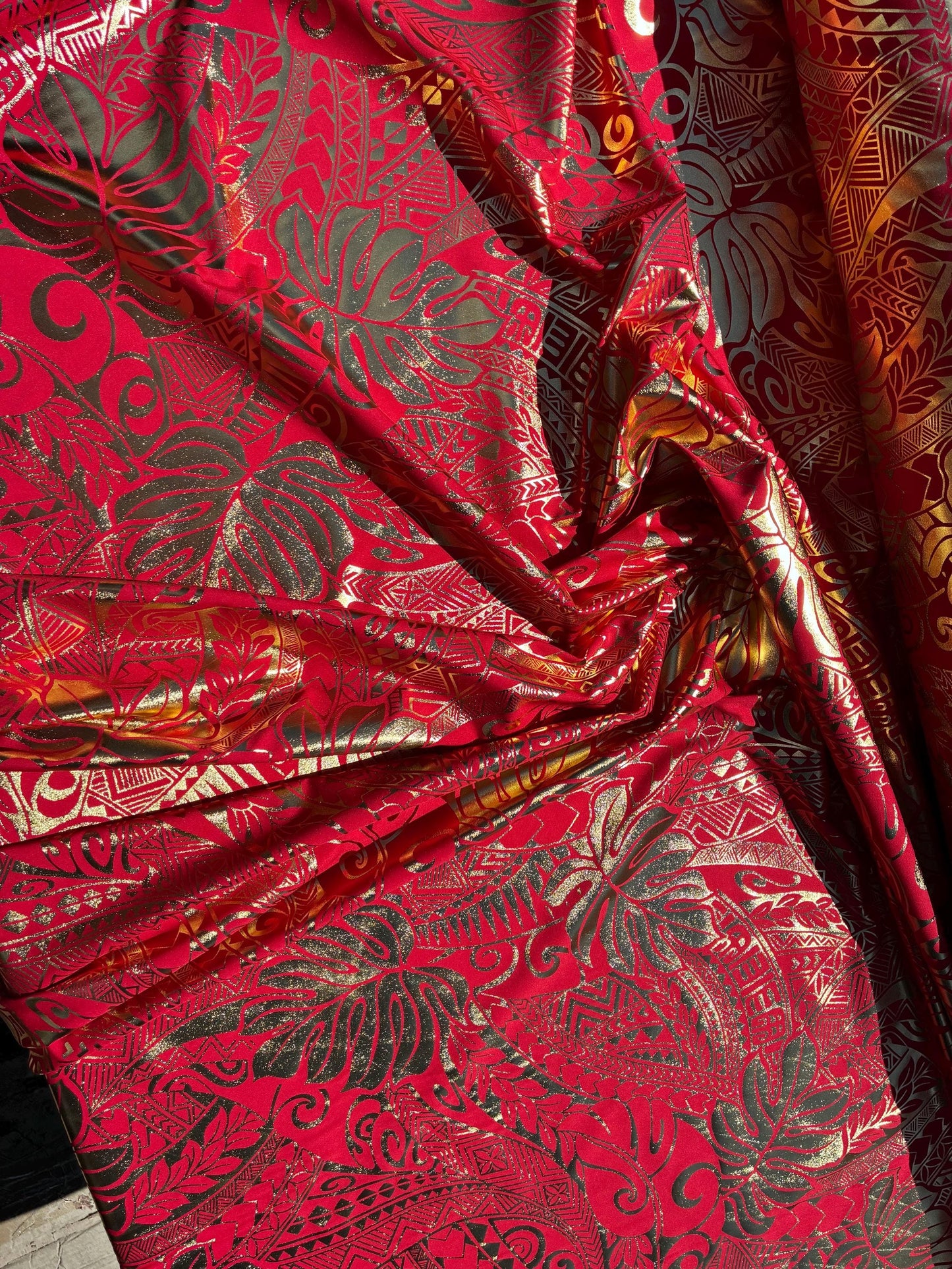 Traditional Polynesian Samoan Tongan Hawaiian Tattoo Hologram Foil Fabric | 58" Red & Gold Color Foil Fabric (Non-Stretch)  | Gtex Fabrics