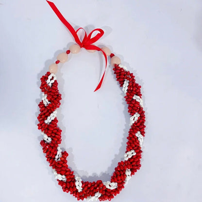 Polynesian, Samoan, Tongan Men's Traditional - Lopa Seeds White Nasa Shell Necklace Red Beans Acacia Beans w Acrylic Kukui Nuts Leis |  Gtex Fabricss