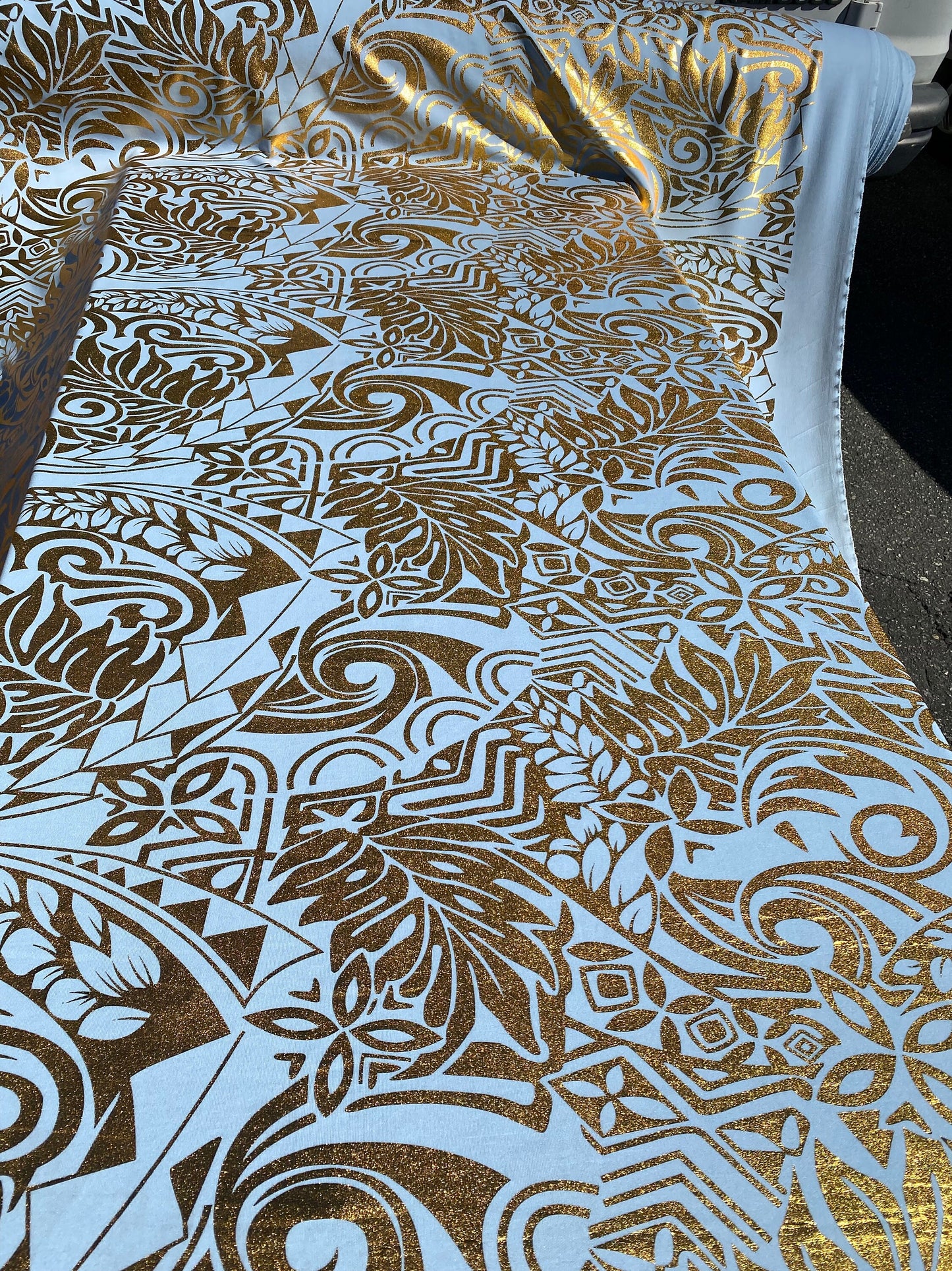 GTEX Collection- Exquisite Traditional Polynesian Tattoo Design | Foil Fabric - Stretch Scuba Fabric - 63" Luxury -Quality -Baby Blue & Gold | Gtex Fabrics
