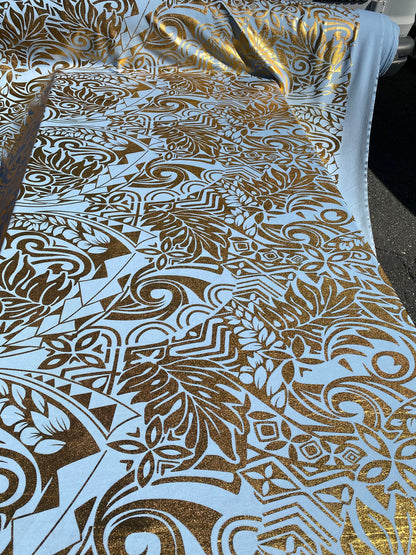GTEX Collection- Exquisite Traditional Polynesian Tattoo Design | Foil Fabric - Stretch Scuba Fabric - 63" Luxury -Quality -Baby Blue & Gold | Gtex Fabrics