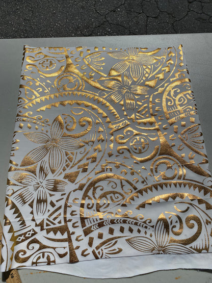 GTEX Collection- Exquisite Traditional Polynesian Tattoo Design | Foil Fabric - Stretch Scuba Fabric - 63" Luxury -Quality (White & Gold)   | Gtex Fabrics