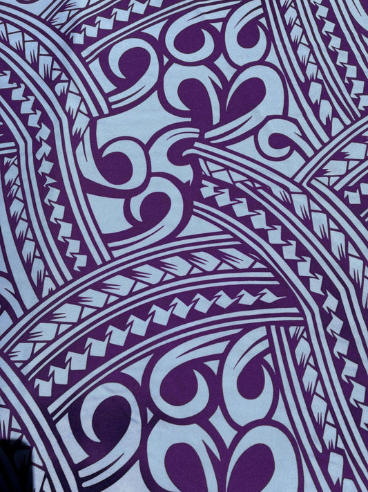Island Fabric - Polynesian Tribal Fabric – 100% Polyester MiniMatt – Made in New Zealand 60” Wide (White and Purple)  | Gtex Fabrics