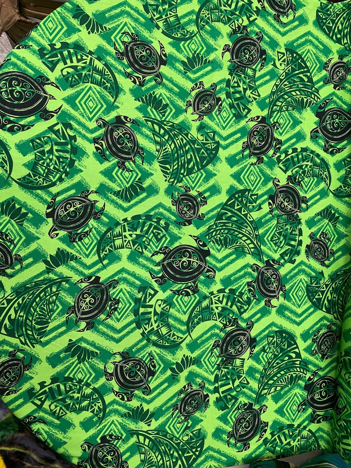 New! Polynesian Fabric, Hawaiian - Tropical Turtle and Tribal Tattoo Toss, Island Fabric - Sold by the Yard - Rayon Fabric 45" - Green Color  | Gtex Fabrics