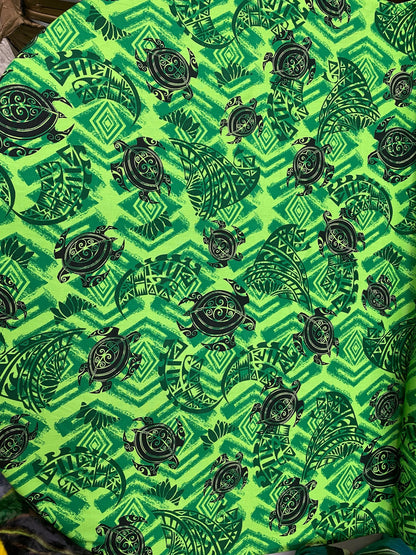 New! Polynesian Fabric, Hawaiian - Tropical Turtle and Tribal Tattoo Toss, Island Fabric - Sold by the Yard - Rayon Fabric 45" - Green Color  | Gtex Fabrics