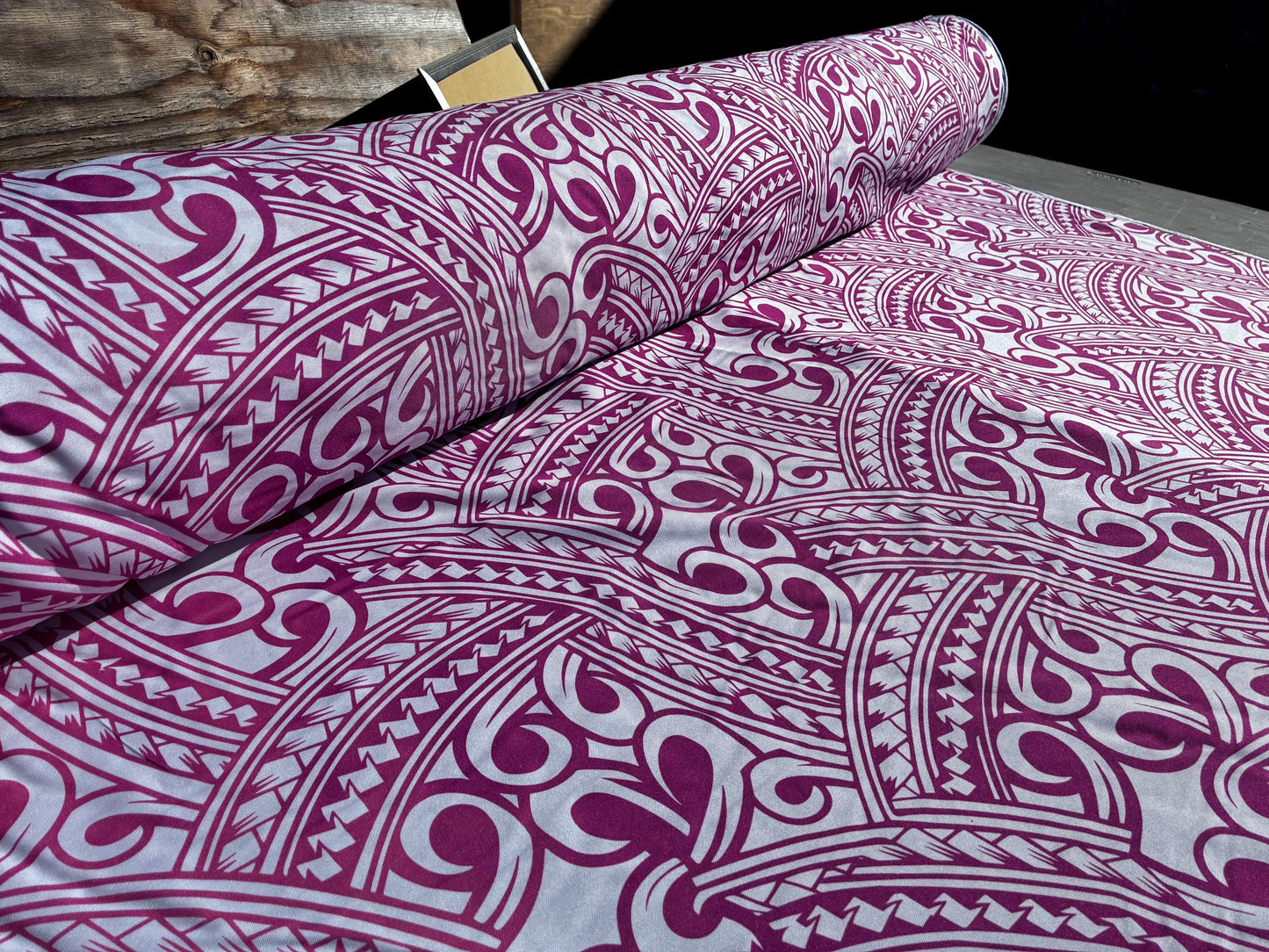 Island Fabric - Polynesian Tribal Fabric – 100% Polyester MiniMatt – Made in New Zealand 60” Wide (White and Pink)  | Gtex Fabrics
