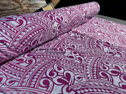 Island Fabric - Polynesian Tribal Fabric – 100% Polyester MiniMatt – Made in New Zealand 60” Wide (White and Pink)  | Gtex Fabrics