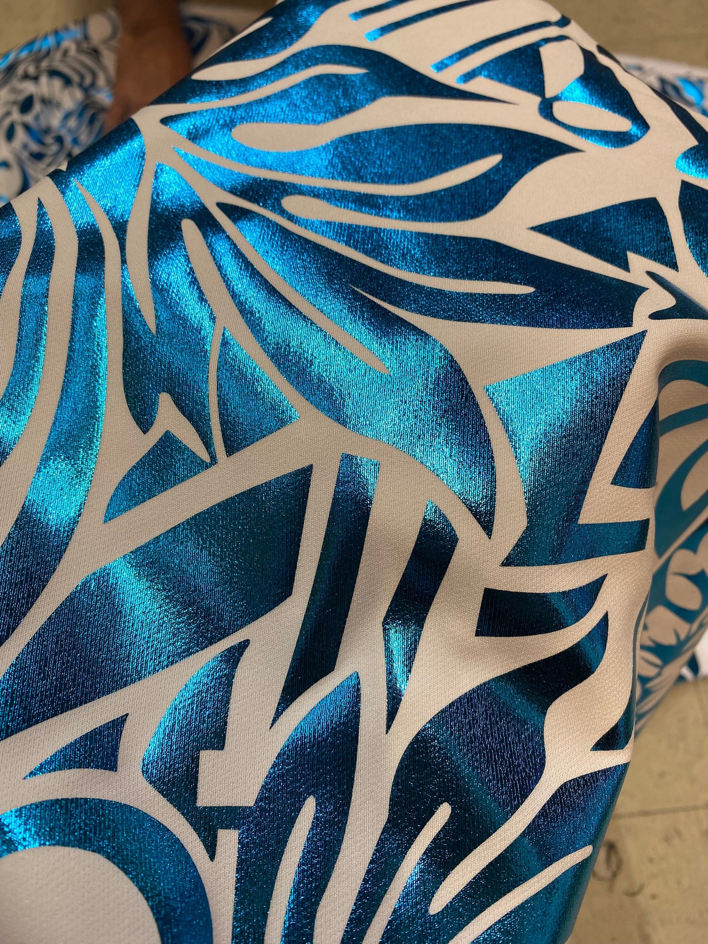 GTEX Collection- Exquisite Traditional Polynesian Tattoo Design | Foil Fabric- 2 Way Stretch Fabric - 60" Luxury Quality (White & Turquoise) | Gtex Fabrics
