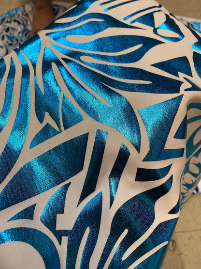 GTEX Collection- Exquisite Traditional Polynesian Tattoo Design | Foil Fabric- 2 Way Stretch Fabric - 60" Luxury Quality (White & Turquoise) | Gtex Fabrics
