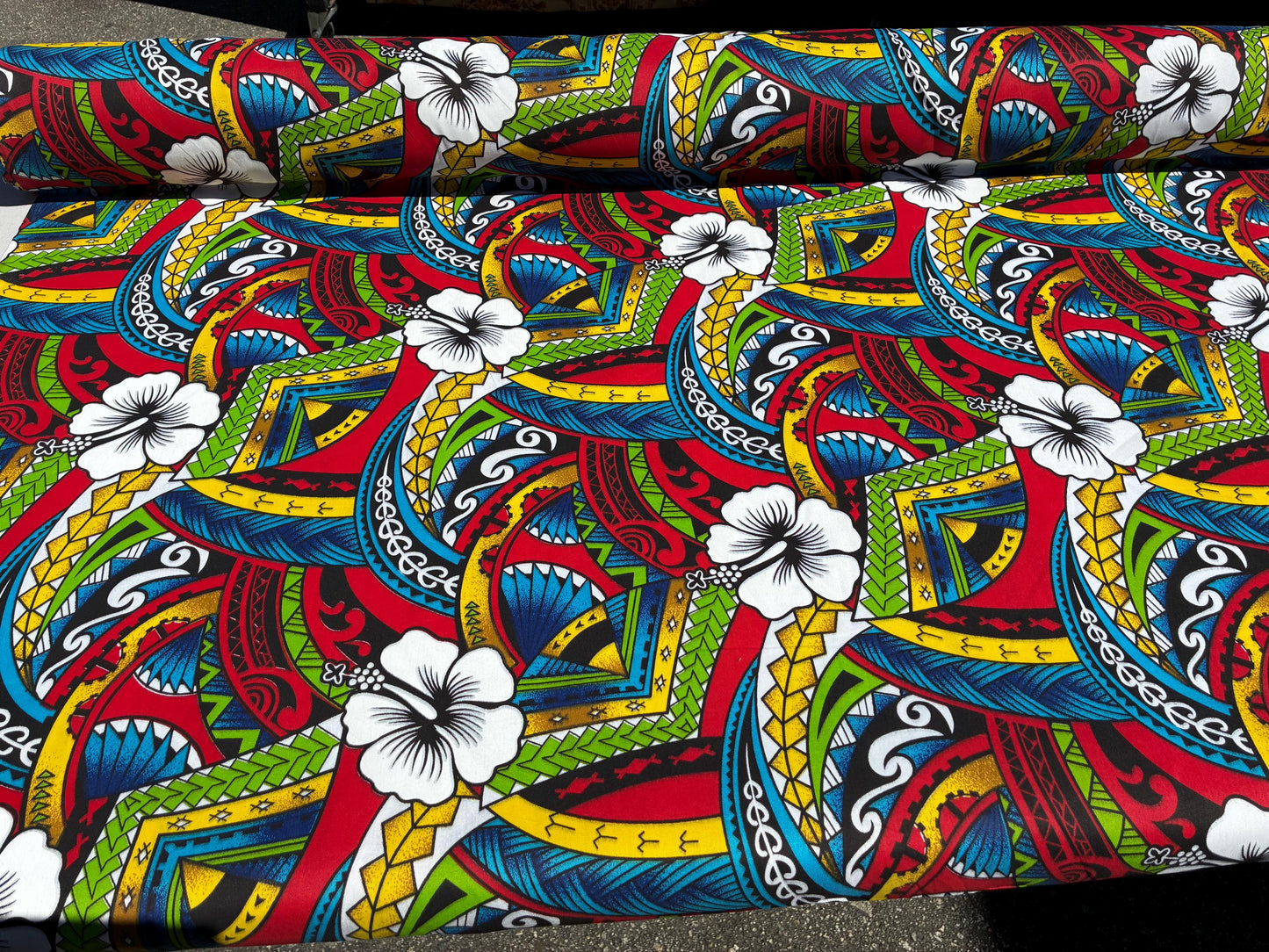 Polynesian Tribal Hibiscus Fusion – 45” Wide | Lightweight Soft Poly Cotton Feel | Sold by Yard or Roll | Island Design | Wholesale | Gtex Fabrics