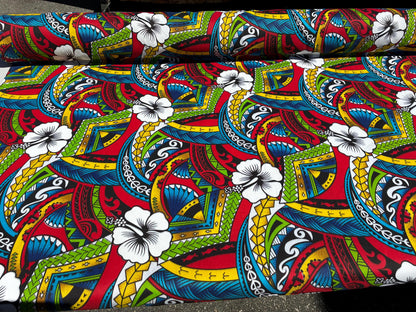 Polynesian Tribal Hibiscus Fusion – 45” Wide | Lightweight Soft Poly Cotton Feel | Sold by Yard or Roll | Island Design | Wholesale | Gtex Fabrics