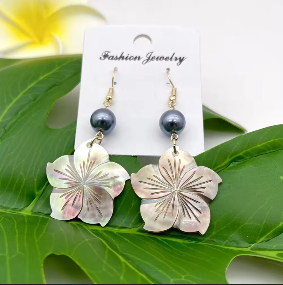 Polynesian Island Tropical Earring Set - Resin Embossed with Pearl - Design 102  | Gtex Fabrics