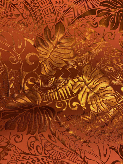 GTEX Collection- Exquisite Traditional Polynesian Samoan Tongan Hawaiian Tattoo Design & Monstera Leaf Hologram Foil Fabric (Non Stretch)  | Gtex Fabrics