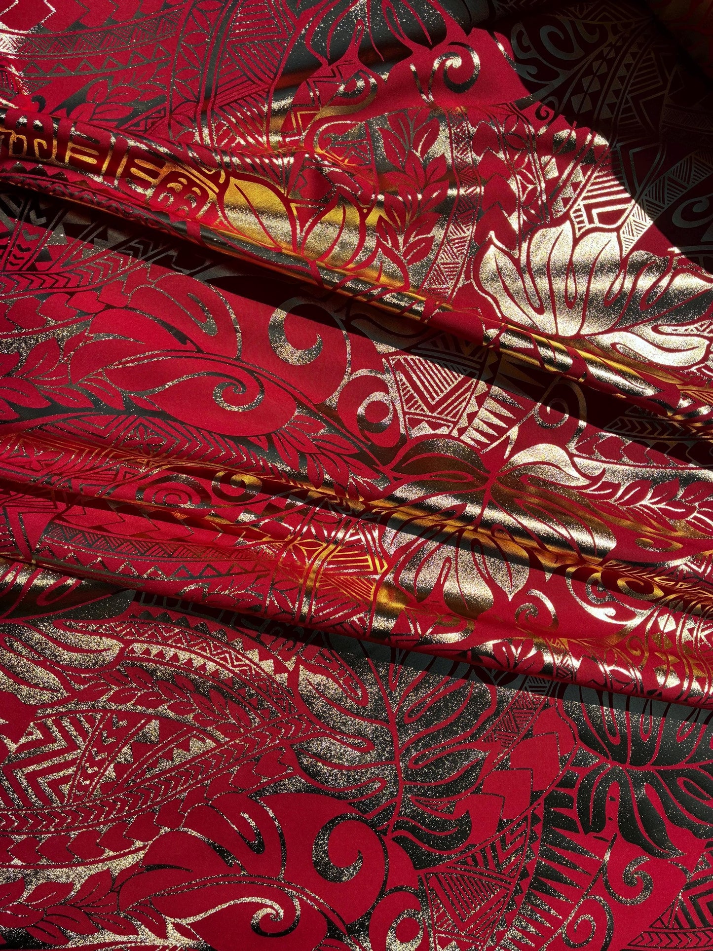 Traditional Polynesian Samoan Tongan Hawaiian Tattoo Hologram Foil Fabric | 58" Red & Gold Color Foil Fabric (Non-Stretch)  | Gtex Fabrics