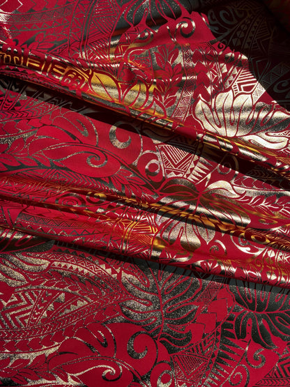 Traditional Polynesian Samoan Tongan Hawaiian Tattoo Hologram Foil Fabric | 58" Red & Gold Color Foil Fabric (Non-Stretch)  | Gtex Fabrics
