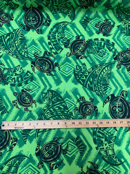 New! Polynesian Fabric, Hawaiian - Tropical Turtle and Tribal Tattoo Toss, Island Fabric - Sold by the Yard - Rayon Fabric 45" - Green Color  | Gtex Fabrics