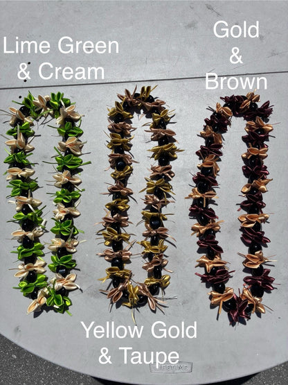 New Hawaiian Graduation Ribbon Kukui Nut Leis - Gift for Grads - Ceremony - New Design -Good Luck, Party, Recognition Wreath | Gtex Fabrics