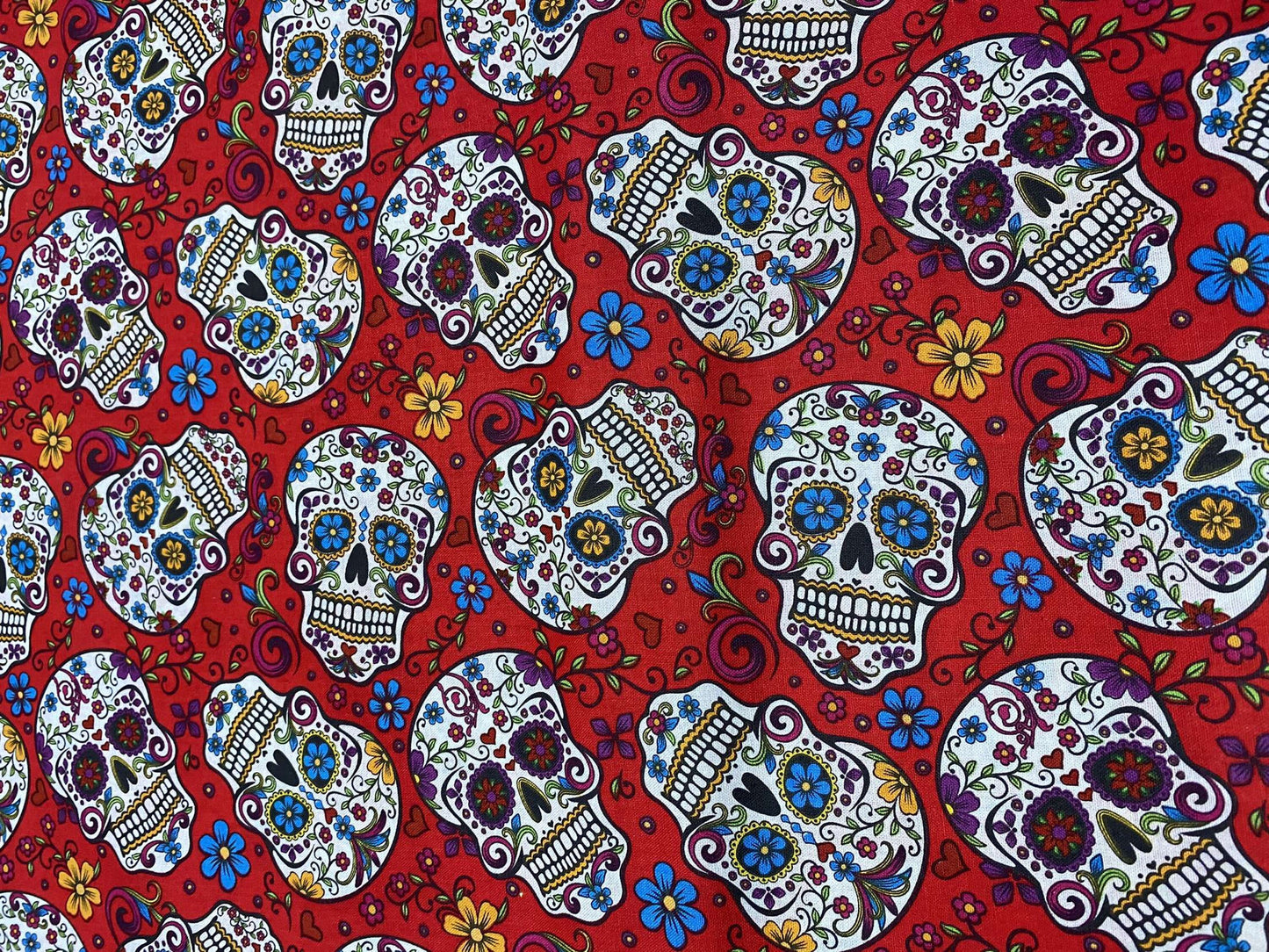 Mexican Heritage Folkloric Sugar Skulls 100% Cotton Fabric / Red Calaveras Fabric / David Textiles / 44" wide | Gtex Fabrics