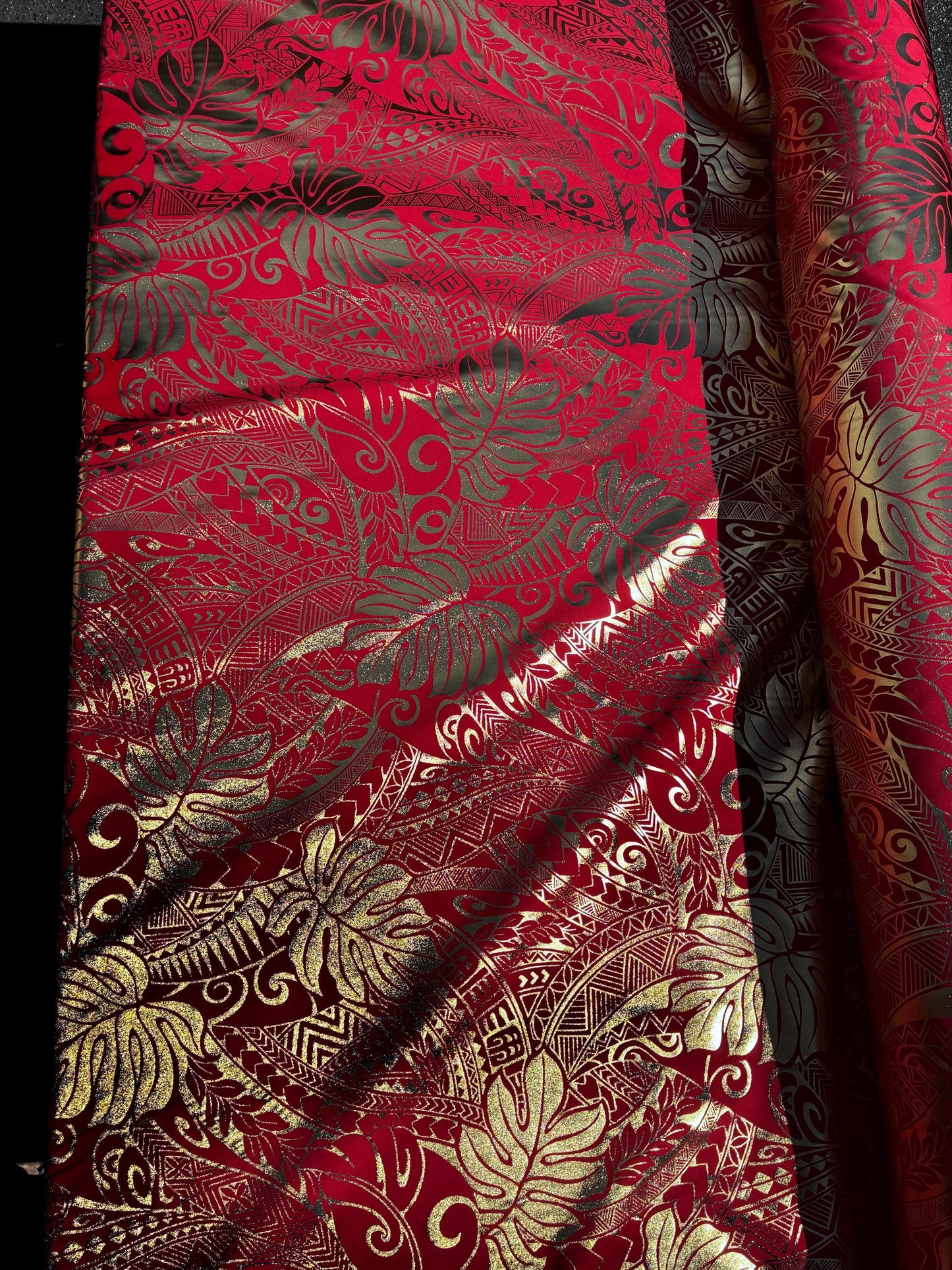 Traditional Polynesian Samoan Tongan Hawaiian Tattoo Hologram Foil Fabric | 58" Red & Gold Color Foil Fabric (Non-Stretch)  | Gtex Fabrics