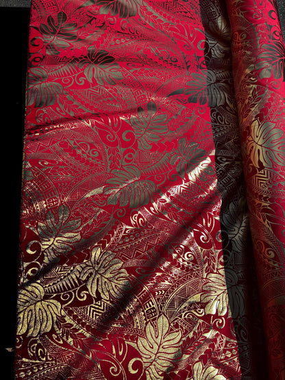 Traditional Polynesian Samoan Tongan Hawaiian Tattoo Hologram Foil Fabric | 58" Red & Gold Color Foil Fabric (Non-Stretch)  | Gtex Fabrics