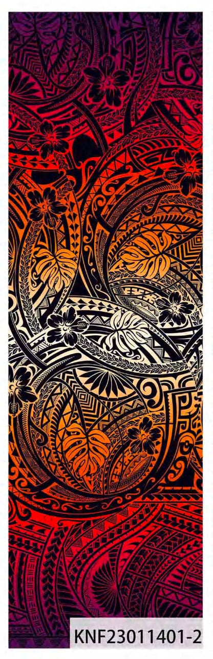 Hula Dreams: Polynesian Print Fabric with Plumeria Floral and Tribal Tattoo Design on Peach Skin - 58" Wide - Island Fabric - By The Yard  | Gtex Fabrics