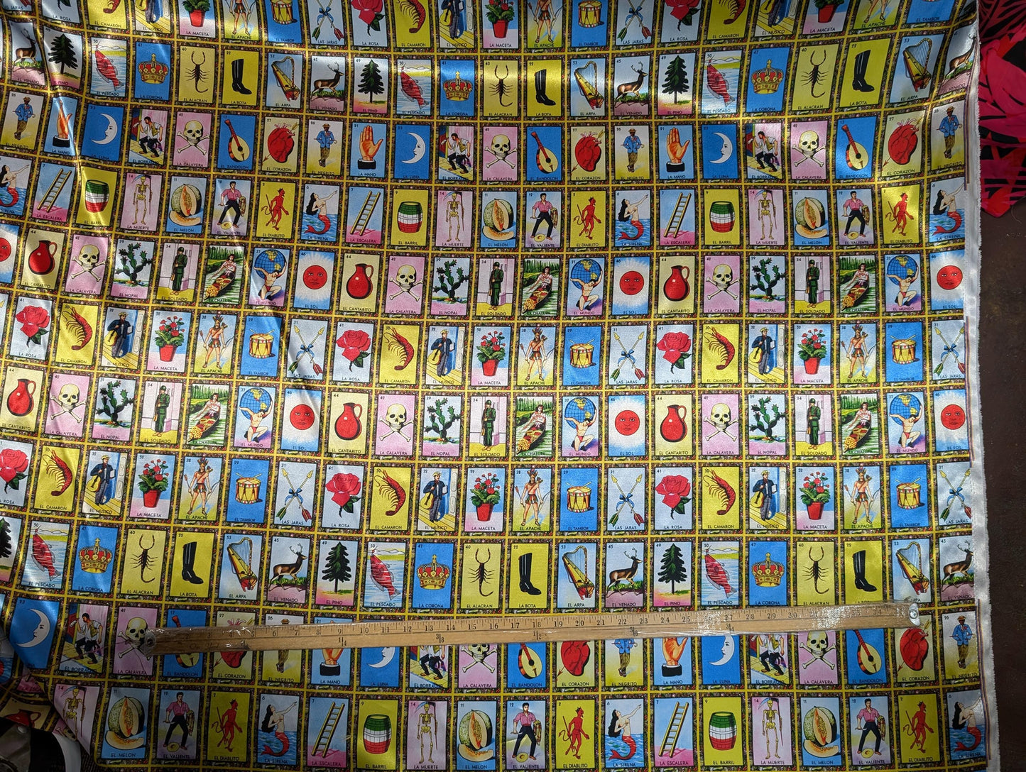 Loteria Mexican Fabric - Mexican Board Game Heavy Satin, 60" Wide by the Yard for Tablecloths, Apparel, & Crafts  | Gtex Fabrics