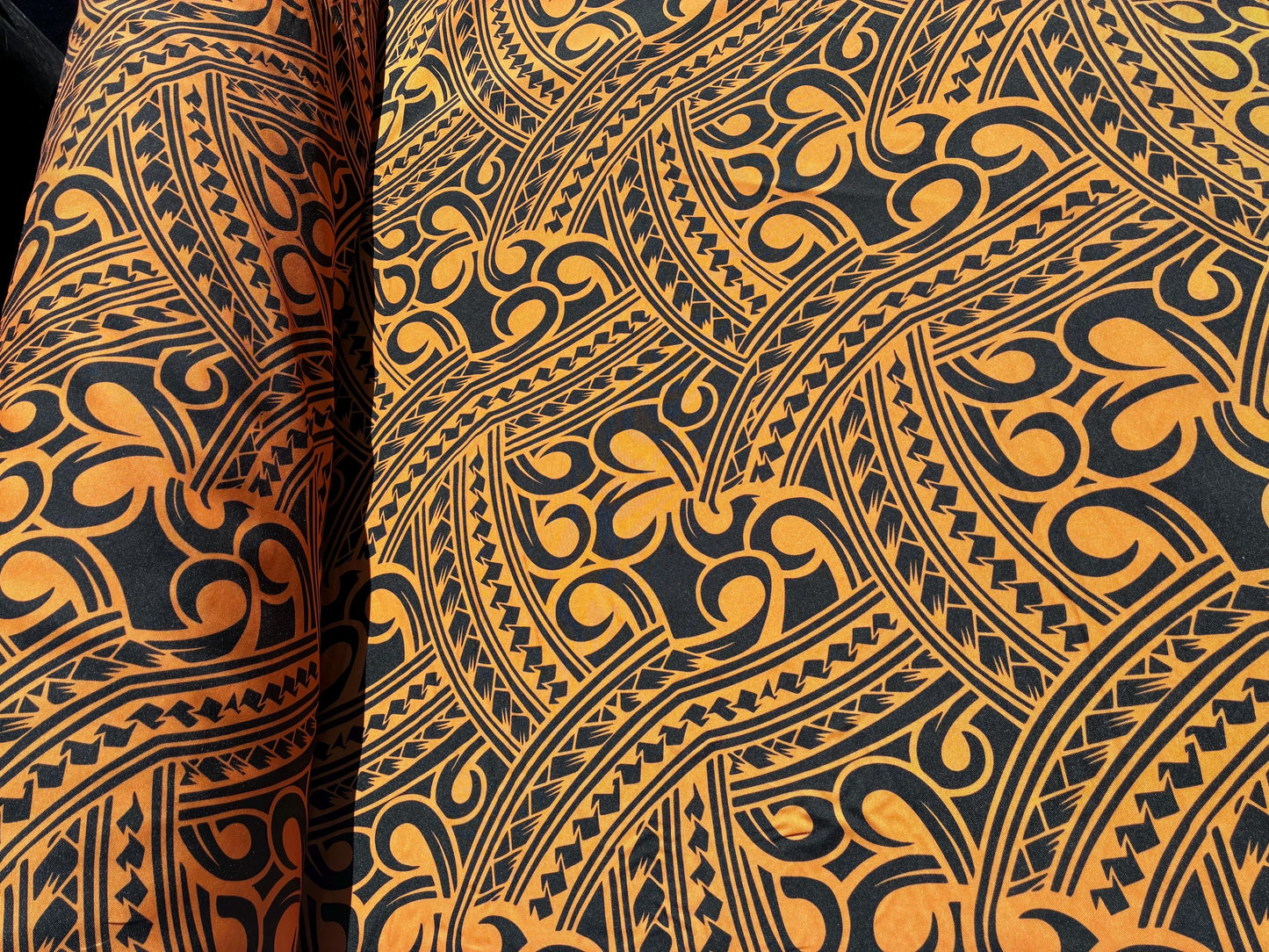 Island Fabric - Polynesian Tribal Fabric – 100% Polyester MiniMatt – Made in New Zealand 60” Wide (Orange and Black)  | Gtex Fabrics