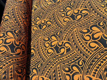 Island Fabric - Polynesian Tribal Fabric – 100% Polyester MiniMatt – Made in New Zealand 60” Wide (Orange and Black)  | Gtex Fabrics