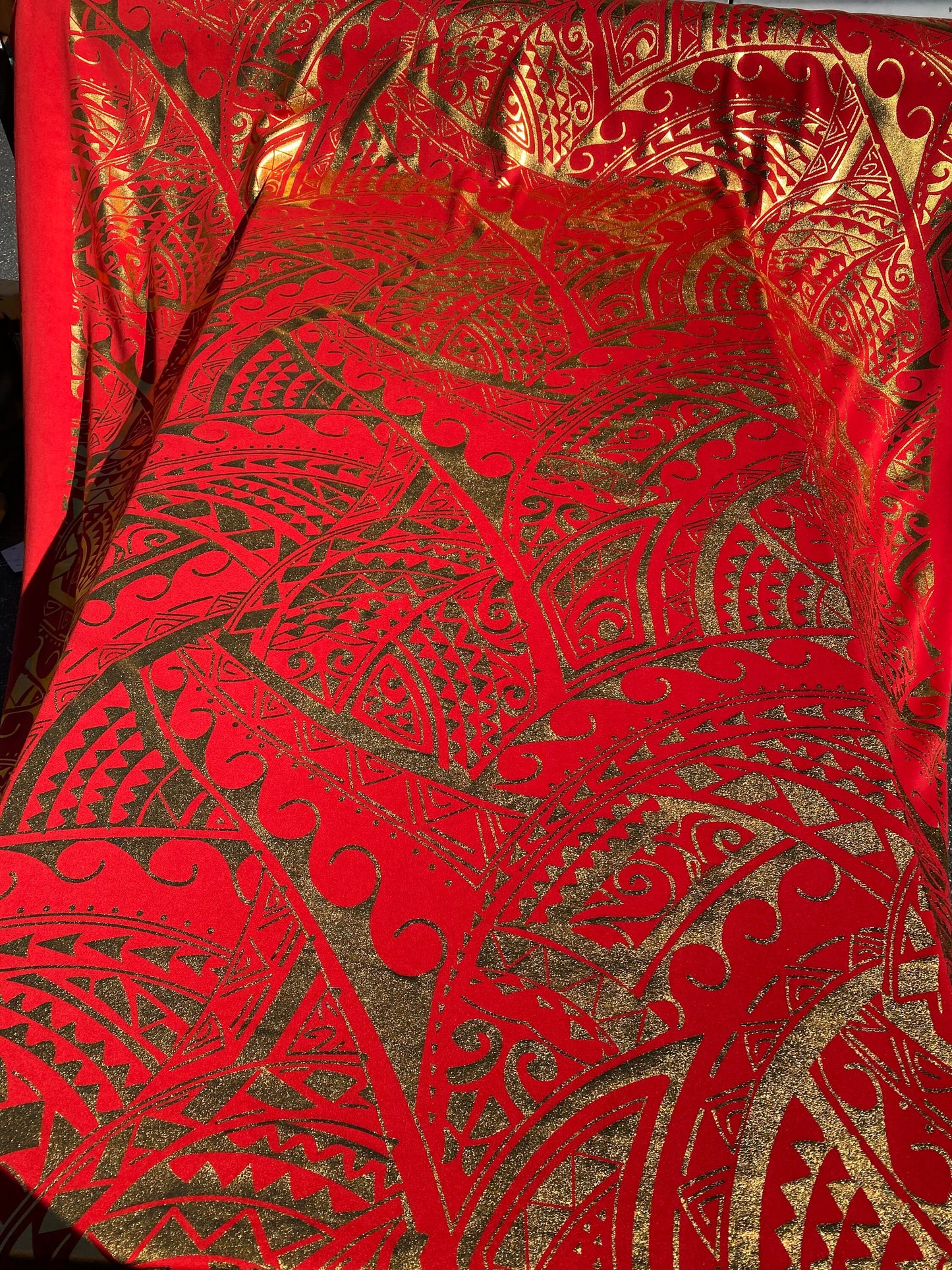 GTEX Collection- Exquisite Traditional Polynesian Tattoo Design | Foil Fabric - Stretch Scuba Fabric - 63" Luxury -Quality (Red & Gold) | Gtex Fabrics