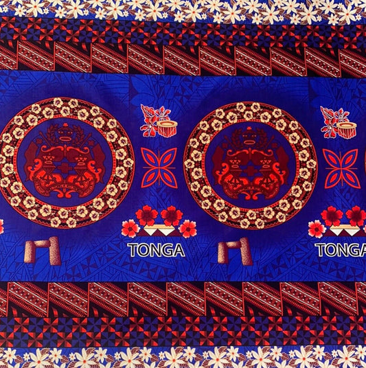 Polynesian Doby Cloth, Bark Cloth, 100% Cotton, High Quality Rich Colors - Seal of Tonga Cloth, Tonga Island Fabric, New Design - Blue | Gtex Fabrics