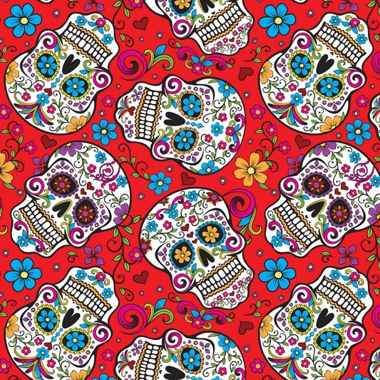 Mexican Heritage Folkloric Sugar Skulls 100% Cotton Fabric / Red Calaveras Fabric / David Textiles / 44" wide | Gtex Fabrics