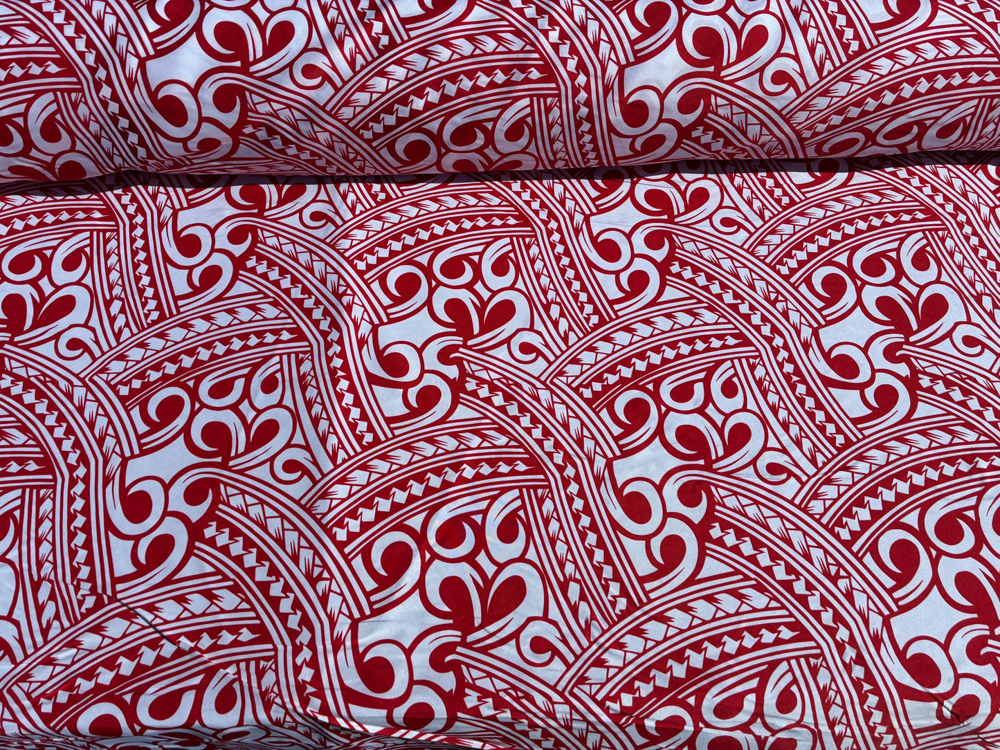 Island Fabric - Polynesian Tribal Fabric – 100% Polyester MiniMatt – Made in New Zealand 60” Wide (Red and White)  | Gtex Fabrics