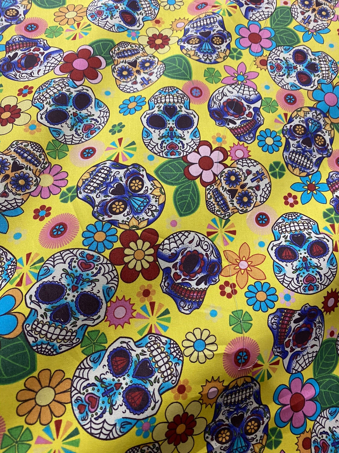 Mexican Heritage Folkloric Sugar Skulls 100% Cotton poplin Fabric / Yellow Calaveras Fabric / 44" wide | Gtex Fabrics