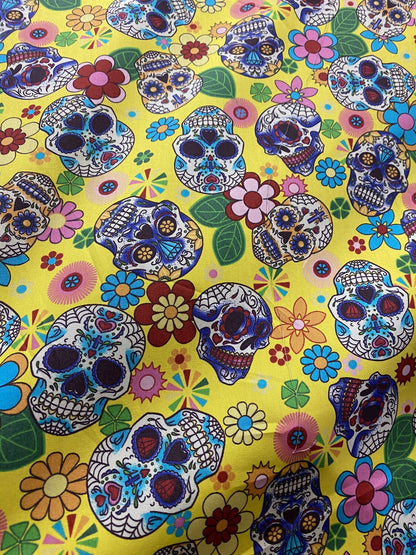 Mexican Heritage Folkloric Sugar Skulls 100% Cotton poplin Fabric / Yellow Calaveras Fabric / 44" wide | Gtex Fabrics