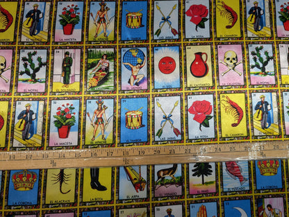 Loteria Mexican Fabric - Mexican Board Game Heavy Satin, 60" Wide by the Yard for Tablecloths, Apparel, & Crafts  | Gtex Fabrics