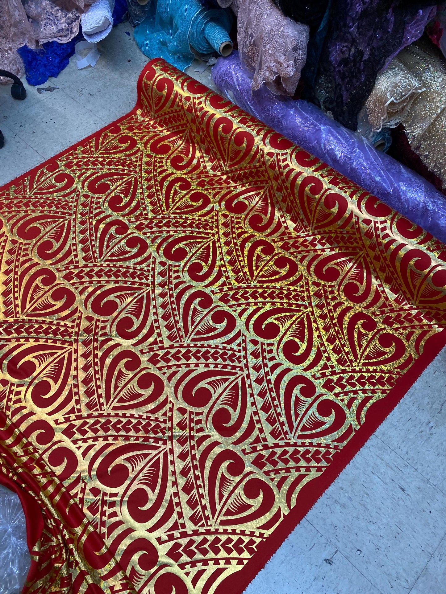 GTEX Collection- Exquisite Traditional Polynesian Tattoo Design | Foil Fabric - 2 Way Stretch Fabric - 60" Luxury Quality (Red & Gold) | Gtex Fabrics