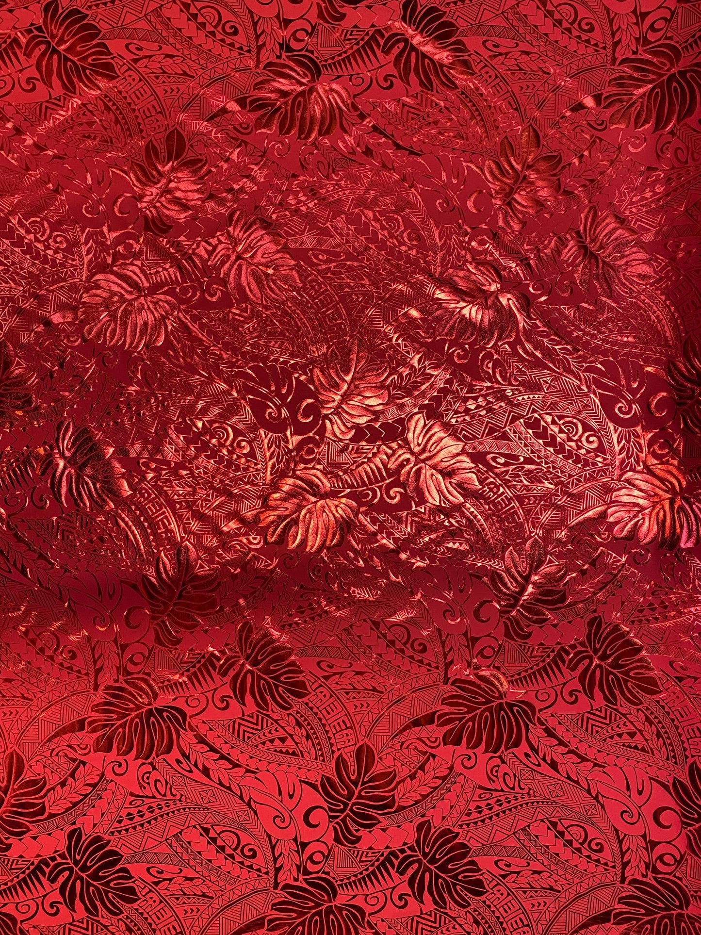 GTEX Collection- Exquisite Traditional Polynesian Samoan Tongan Hawaiian Tattoo Design & Monstera Leaf Hologram Foil Fabric (Non Stretch)  | Gtex Fabrics