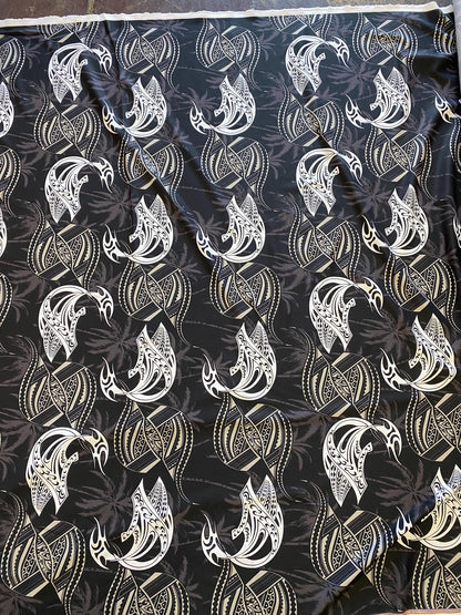 Polynesian Tribal Tattoo Fabric – Black & Grey | Samoan, Tongan, Fijian Islander Print | PeachSkin Material – 58" Wide - Sold By The Yard  | Gtex Fabrics