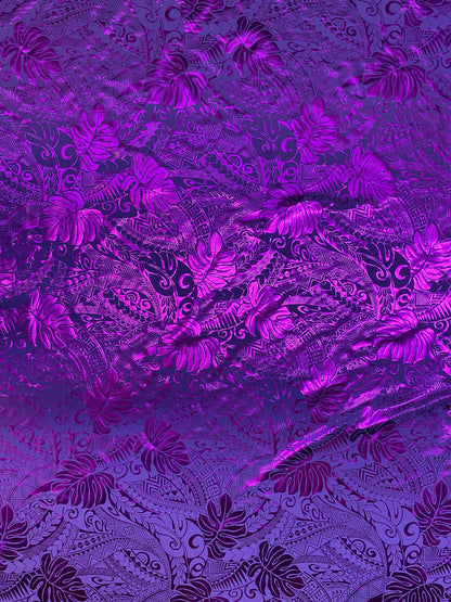 GTEX Collection- Exquisite Traditional Polynesian Samoan Tongan Hawaiian Tattoo Design & Monstera Leaf Hologram Foil Fabric (Non Stretch)  | Gtex Fabrics