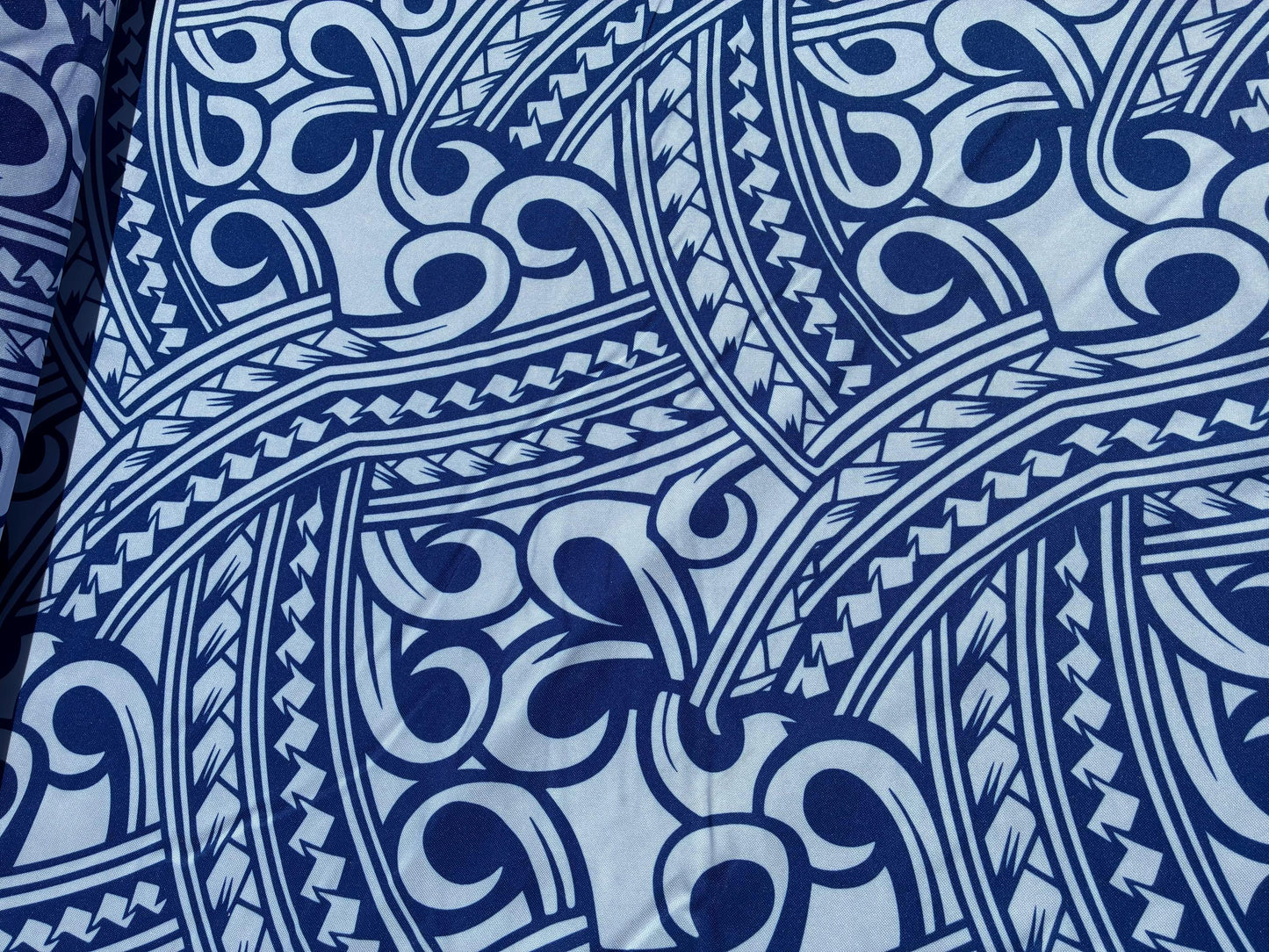Island Fabric - Polynesian Tribal Fabric – 100% Polyester MiniMatt – Made in New Zealand 60” Wide (White and Blue)  | Gtex Fabrics