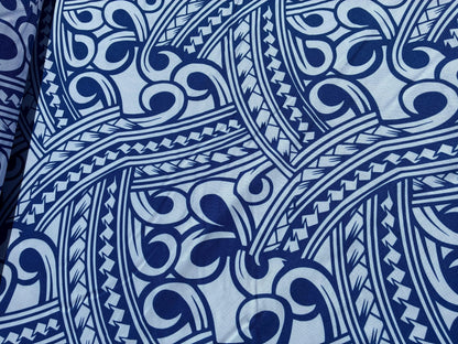Island Fabric - Polynesian Tribal Fabric – 100% Polyester MiniMatt – Made in New Zealand 60” Wide (White and Blue)  | Gtex Fabrics