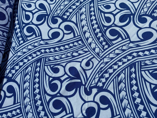 Island Fabric - Polynesian Tribal Fabric – 100% Polyester MiniMatt – Made in New Zealand 60” Wide (White and Blue)  | Gtex Fabrics