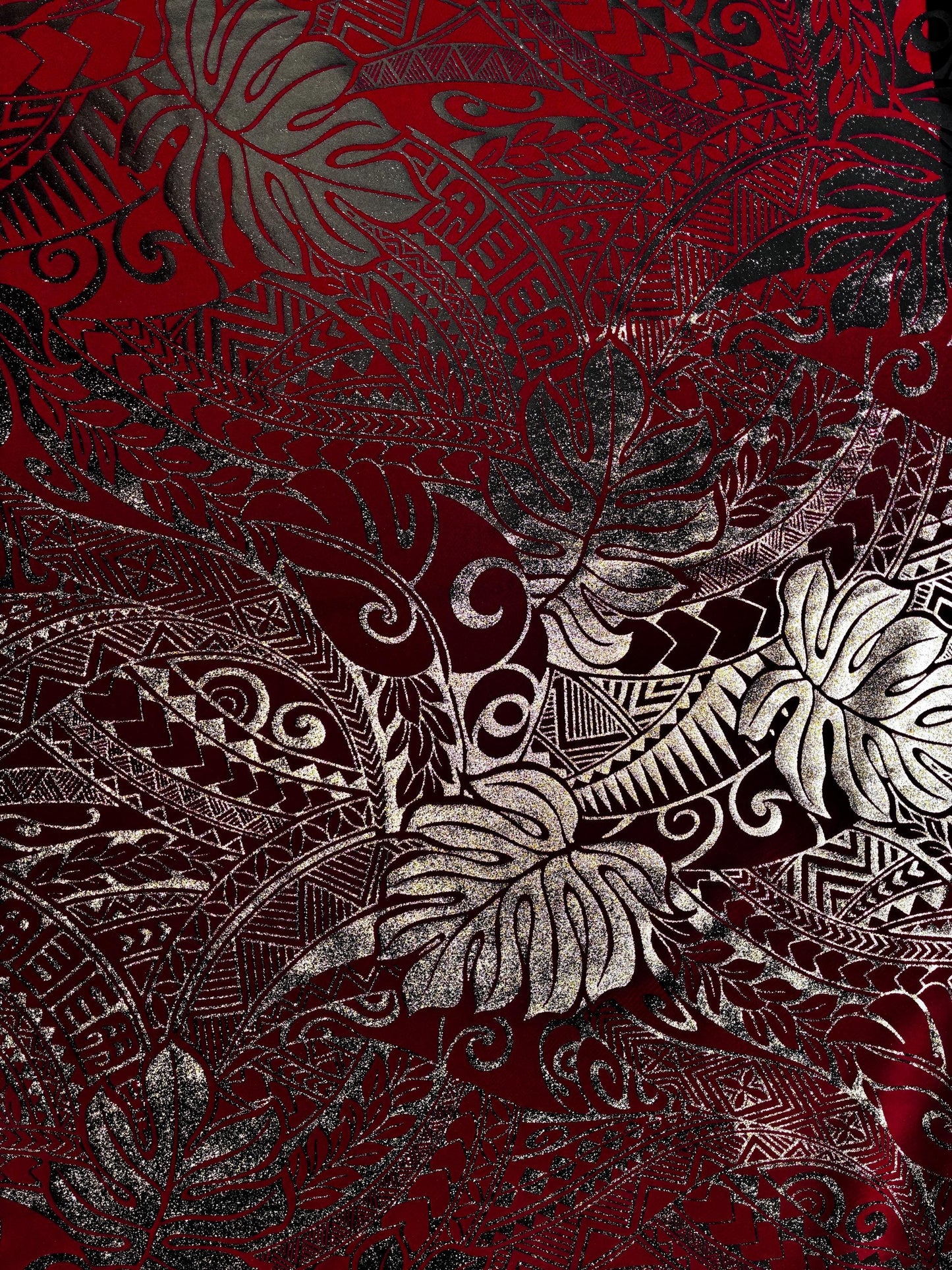 Traditional Polynesian Samoan Tongan Hawaiian Tattoo Hologram Foil Fabric | 58" Red & Gold Color Foil Fabric (Non-Stretch)  | Gtex Fabrics