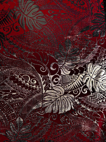 Traditional Polynesian Samoan Tongan Hawaiian Tattoo Hologram Foil Fabric | 58" Red & Gold Color Foil Fabric (Non-Stretch)  | Gtex Fabrics