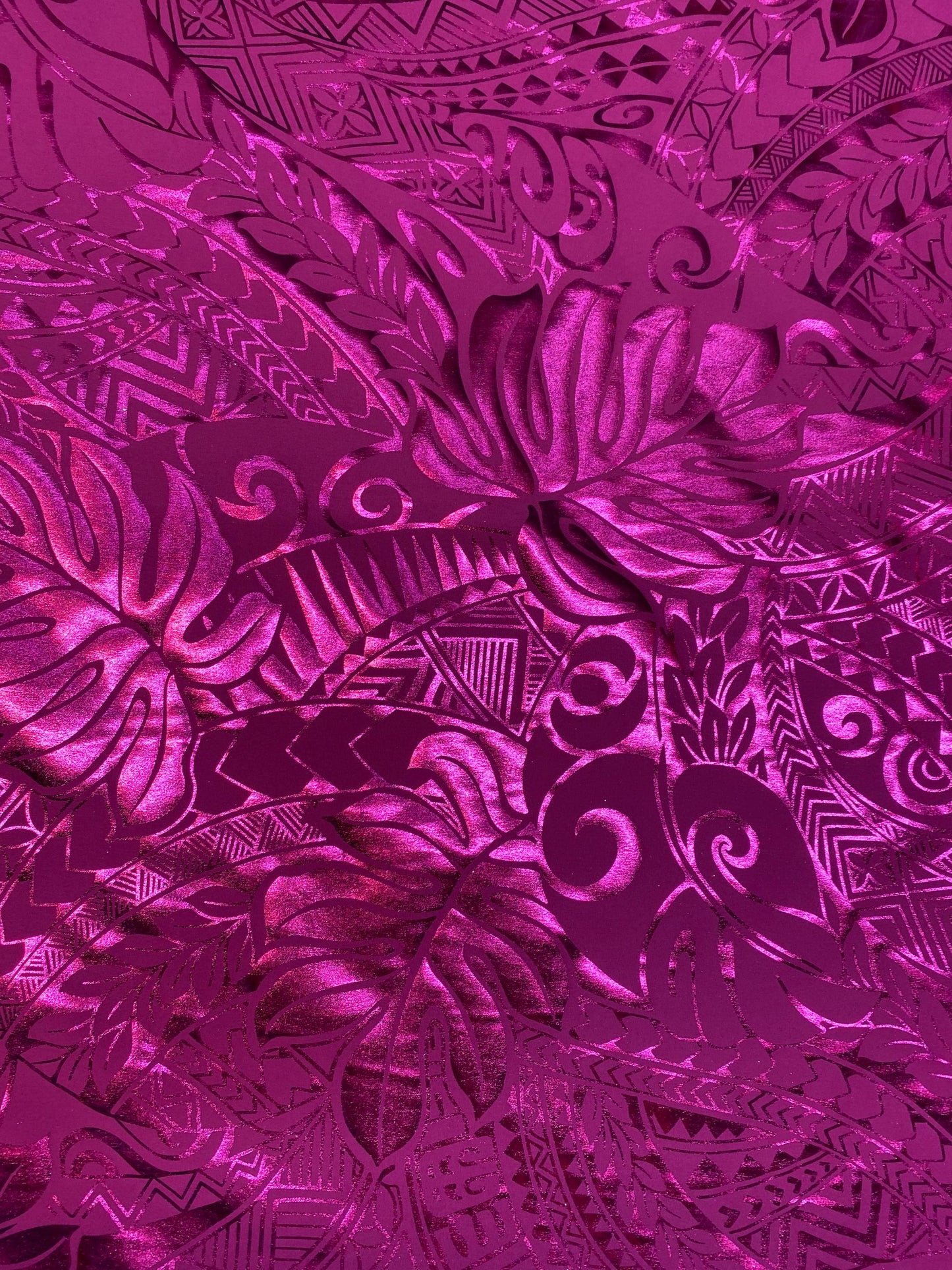 GTEX Collection- Exquisite Traditional Polynesian Samoan Tongan Hawaiian Tattoo Design & Monstera Leaf Hologram Foil Fabric (Non Stretch)  | Gtex Fabrics
