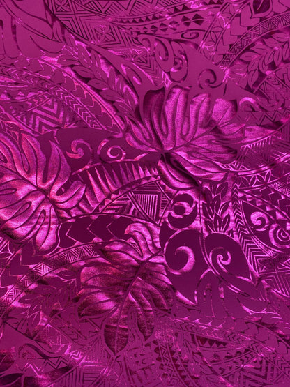 GTEX Collection- Exquisite Traditional Polynesian Samoan Tongan Hawaiian Tattoo Design & Monstera Leaf Hologram Foil Fabric (Non Stretch)  | Gtex Fabrics