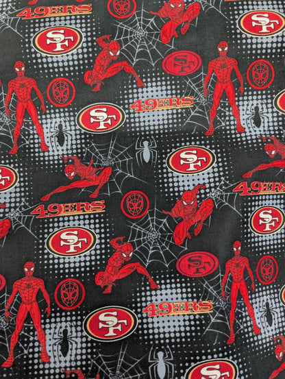NFL San Francisco 49ers Logo Spider Man Toss 100% Cotton Fabric Fast Ship Football Material By The Yard  | Gtex Fabrics