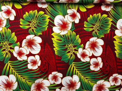 Polynesian Hibiscus & Monstera Fabric – 100% Cotton | 45" Wide | Tropical Island Print | Sold by Yard or Roll | Made in Thailand  | Gtex Fabrics