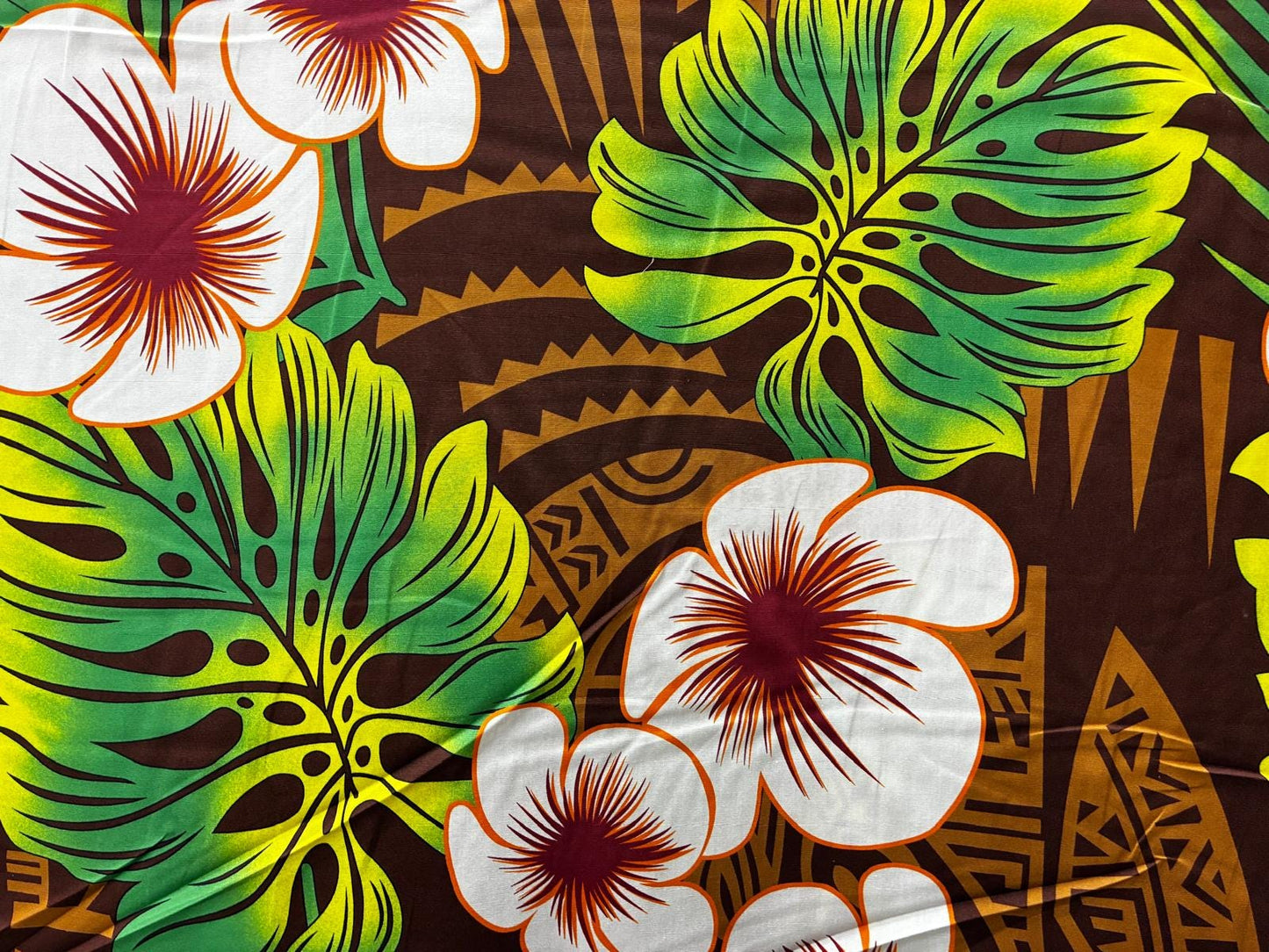 Polynesian Hibiscus & Monstera Fabric – 100% Cotton | 45" Wide | Tropical Island Print | Sold by Yard or Roll | Made in Thailand  | Gtex Fabrics